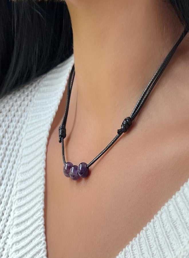 Luck Strings Amethyst Triple Beaded Choker Necklace - Adjustable Wax Nylon Cord | Waterproof Boho Jewelry for Men & Women | February Birthstone Gift Idea - Image 4